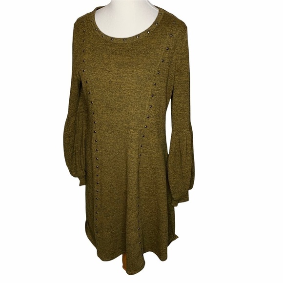 Spense Green Studded Balloon Sleeve Knit Sweater Dress Stretch Pull Over Size M - Picture 1 of 12